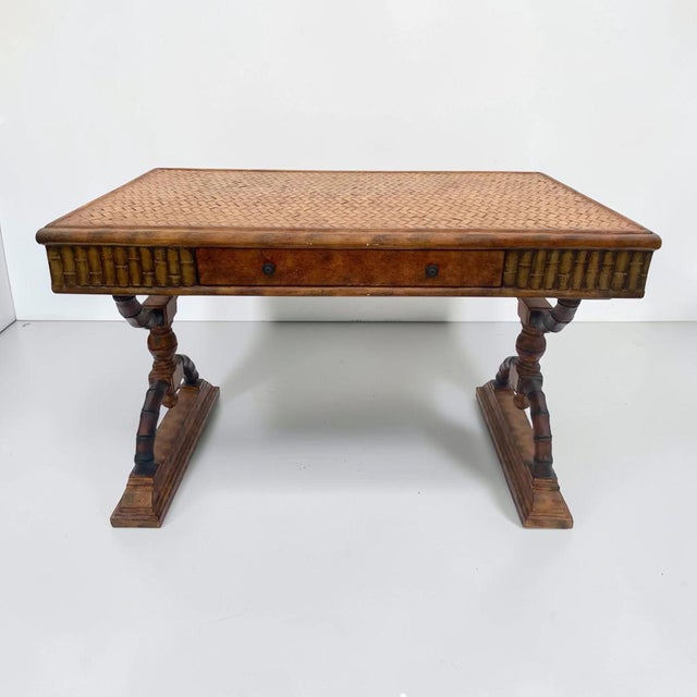 1970s Woven Rattan Victorian Style Faux Bamboo Desk For Sale - Image 4 of 10