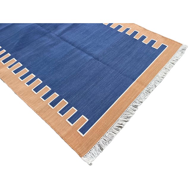 Not Yet Made - Made To Order Not Yet Made - Made To Order Handmade Cotton Vegetable Dyed Blue, Cream and Tan Zig Zag Striped Rug-4'x6' For Sale - Image 5 of 11