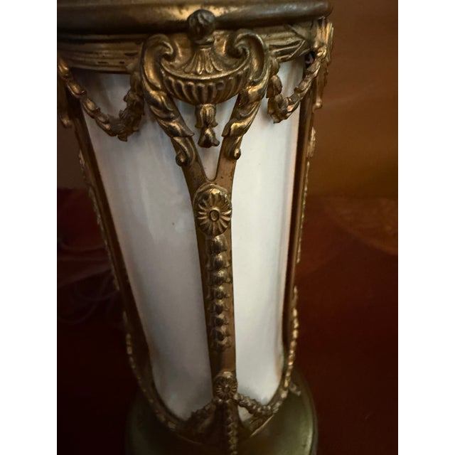 1950s Pair of Vintage French Empire Brass & Milk Glass Table Lamps 12" X 4.5" Ca. 1950 For Sale - Image 5 of 18