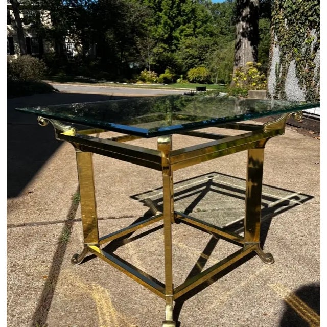 Hollywood Regency Brass Scroll Design Glass End Table For Sale - Image 9 of 10