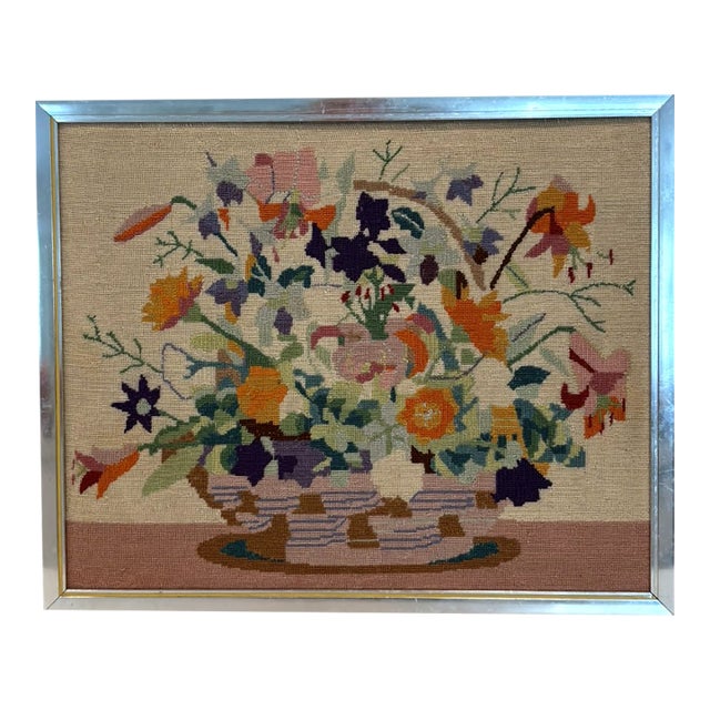 Vintage Framed Needlepoint Floral Still Life Wall Art Mid Century Modern Bouquet Textile For Sale