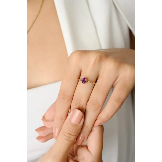 18k Gold Minimal Amethyst Jewelry Set Pendant, Ring Size 7 and Stud Earrings- 4 Pieces For Sale - Image 9 of 16