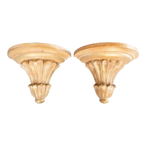 Large Italian Whitewash Giltwood Fluted Wall Brackets Shelves - a Pair