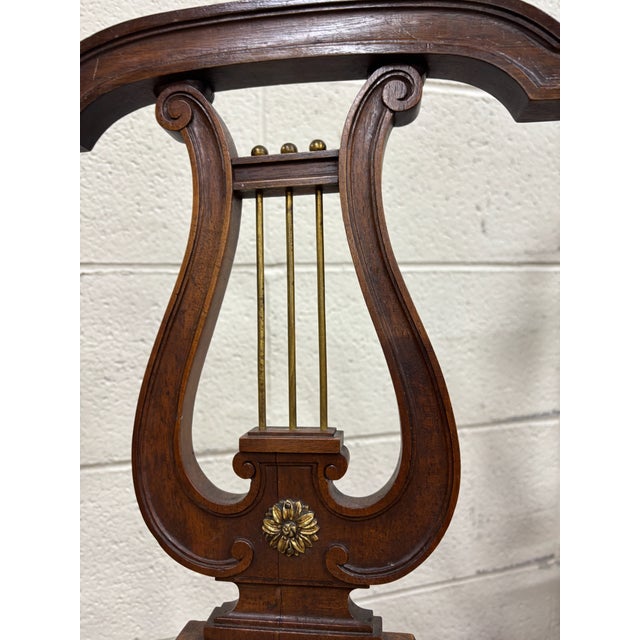 Early 20th Century Vintage French Louis XVI Style Harp Back Lyre Back Bronze Ormulu Dining Chairs For Sale - Image 5 of 14