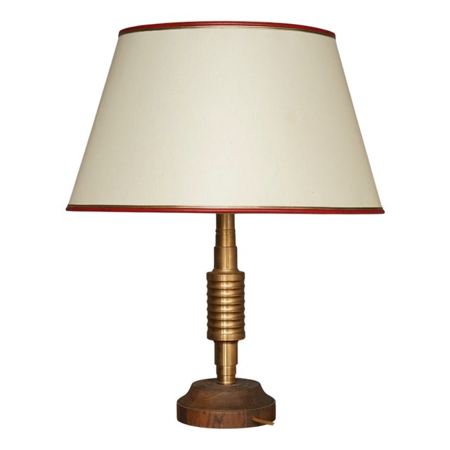 Table Lamp with Turned Brass Stem and Wood Base, 1970s For Sale