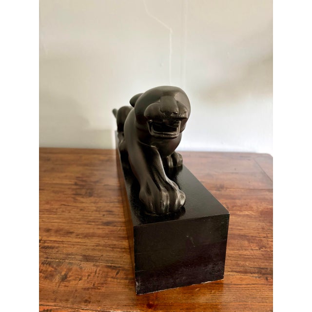 Wood Mid 20th Century Art Deco Revival Black Panther Sculpture on Leatherized Pedestal Base For Sale - Image 7 of 12