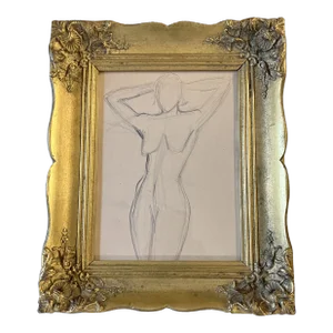 1950’s Original Charcoal Female Nude Study Drawing Ornate French Style Frame