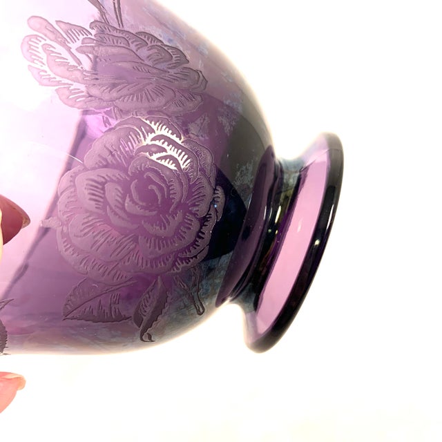 Glass Early 20th Century Mid Century Modern Fostoria Floral Etched Amethyst Glass Century Pedestal Serving Bowl For Sale - Image 7 of 10