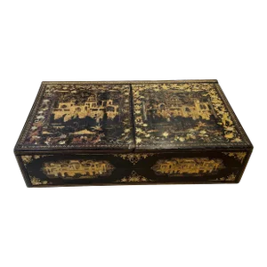 Exceptional Chinese Export Gilt Black Lacquer Chinoiserie Decorated Lap Desk