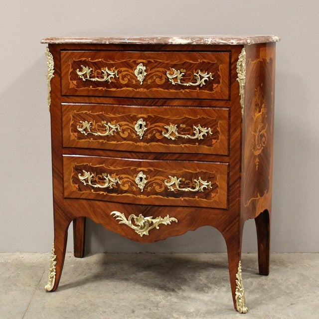 Napoleon III marquetry chest of drawers, with a marble top and complete with splendid original gilded bronzes - note the...