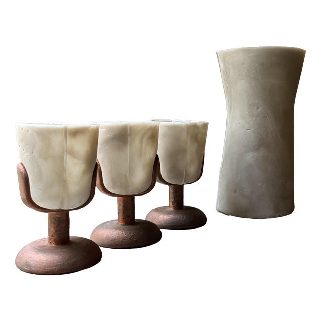 Vintage Brutalist Barware Set with Hand-Molded Capa Carafe and Vessels with Copper Bases, Set of 4 For Sale