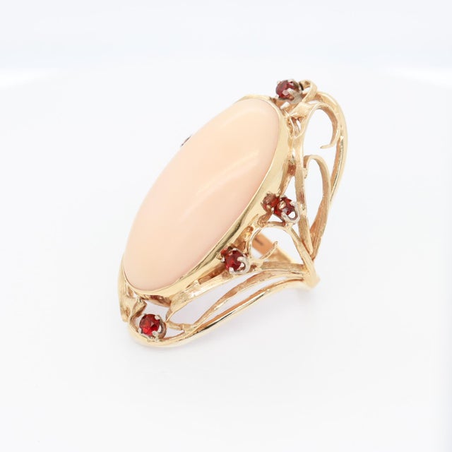 1970s Large 1970s Sculptural 14k Gold, Coral, & Garnet Gemstone Cocktail Ring For Sale - Image 5 of 13