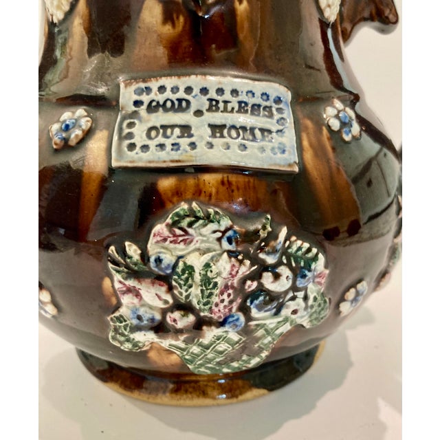 Brown Antique English Large Bargeware Teapot - "God Bless Our Home" For Sale - Image 8 of 11