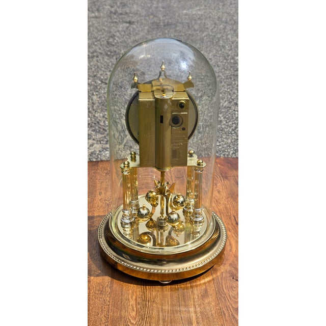 Vintage Elgin Anniversary Mantel Clock With Glass Dome, Brass Finish & Rotating Pendulum For Sale - Image 4 of 17