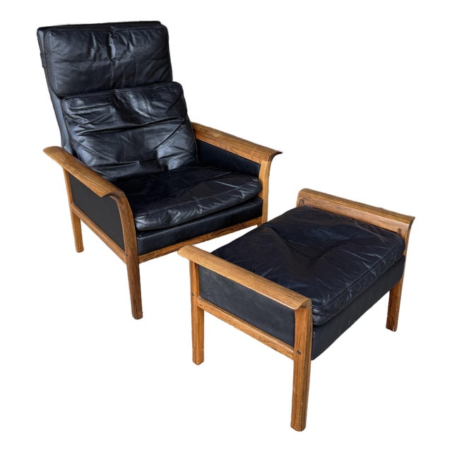 Knud Sæter Mid-Century Rosewood and Black Leather Lounge Chair and Ottoman For Sale