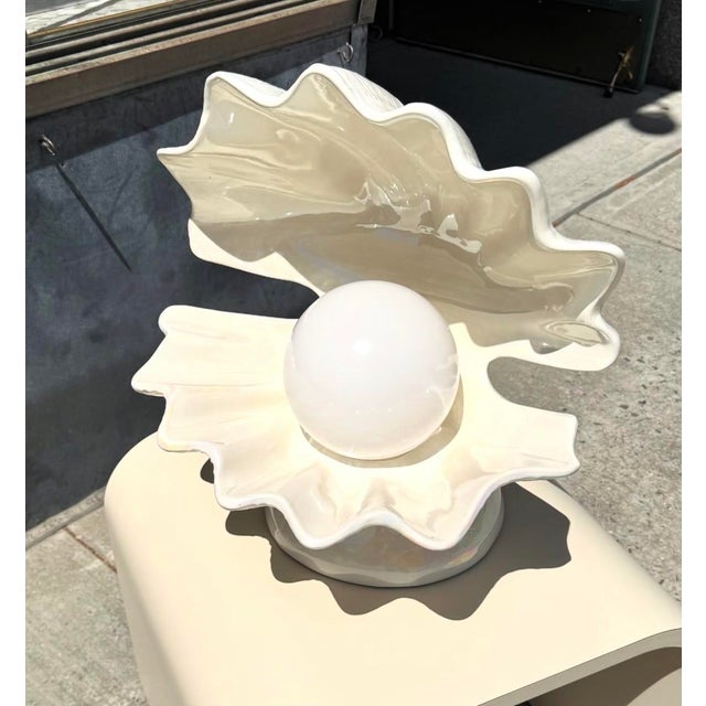 1980s Mid-Century Modern Oyster Shell Lamp Pair: Clam Shell: Sea Shell Lamp Art Deco For Sale - Image 6 of 9