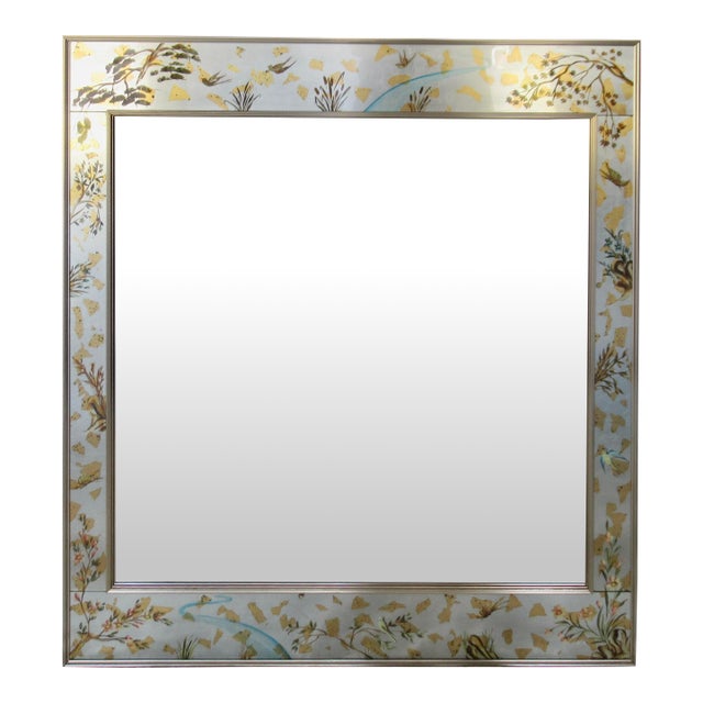 C.1970's LaBarge Chinoiserie-Style, Silver & Gold Leaf Burnished, Reverse Painted Eglomise Mirror For Sale