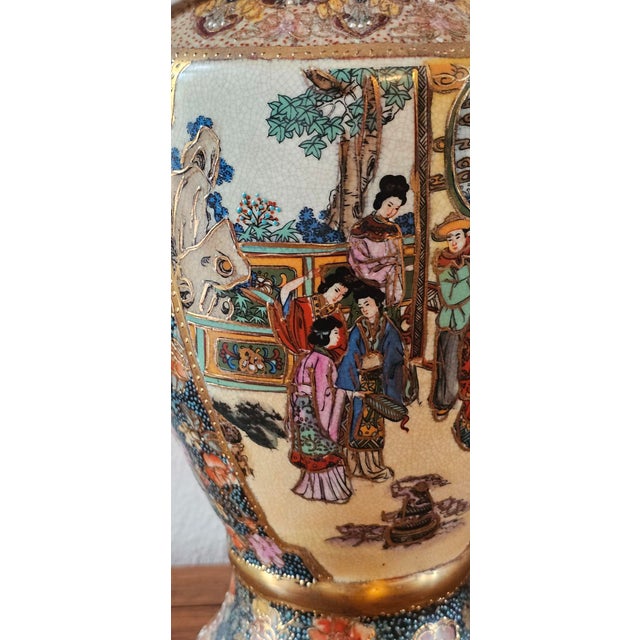 Vintage Royal Satsuma Hand-Painted Porcelain Urn Vase With Moriage & Gilt Handles For Sale - Image 12 of 17