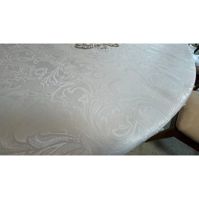 Vintage LinenTablecloth, Embroidered Applique Lace, Cream and Taupe. On Ivory 18" X 55.5" Pristine For Sale - Image 14 of 17