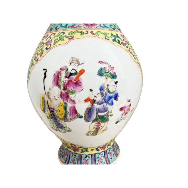 Vintage Set of Two Famille Jaune Style Vases With Figures 15.75" H For Sale - Image 9 of 9