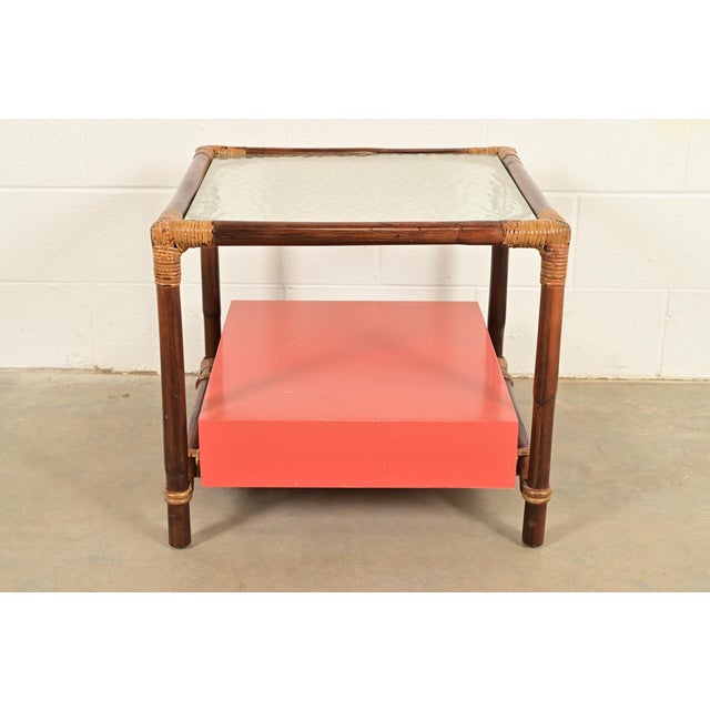 John Wisner for Ficks Reed Mid-Century Hollywood Regency Bamboo Rattan Glass Top Side Table, 1950s For Sale - Image 13 of 14