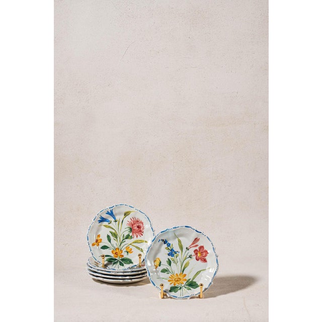 Mid 20th Century Set of 6 Hand Painted Floral Italian Plates For Sale - Image 4 of 14