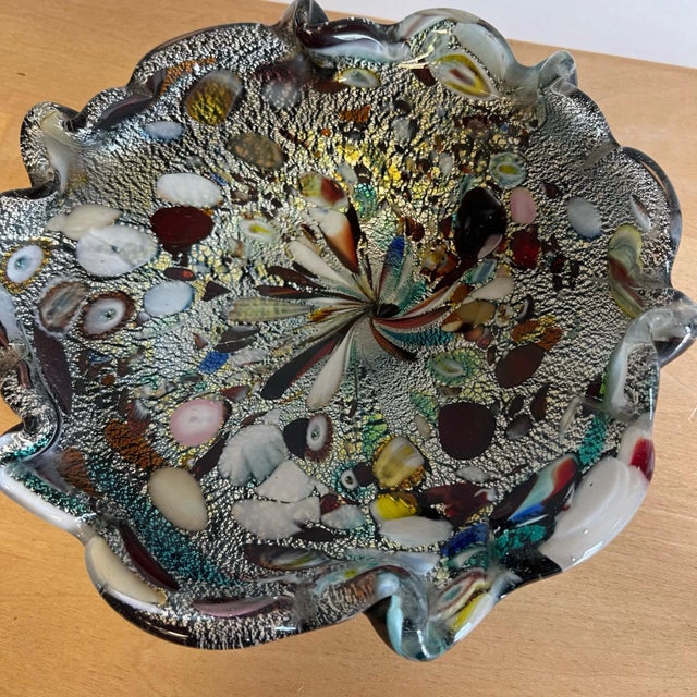 Glass Vintage 1960s Murano Style Tutti Frutti Bowl Black/Multicolored Silver Flakes For Sale - Image 7 of 8