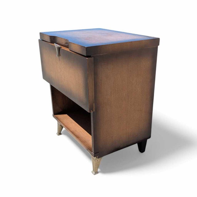 1950s Atomic Walnut Drop-Front Nightstand With Metal Legs, Mid-Century For Sale - Image 14 of 16