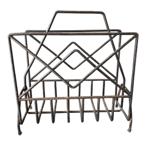 Vintage Industrial Black Metal Magazine Rack/Log Holder Geometric Wire Design