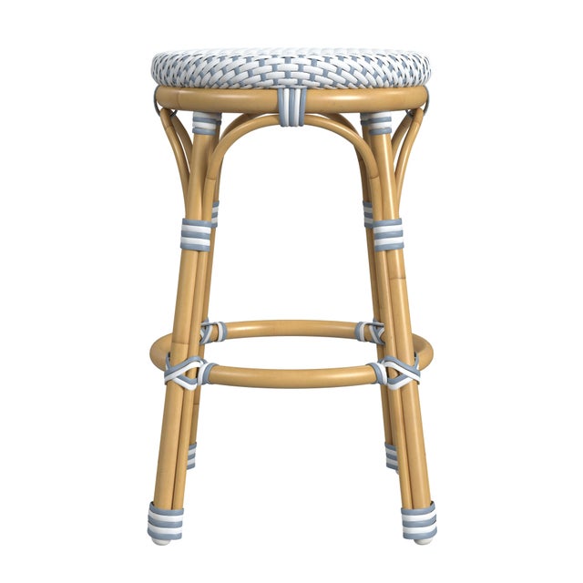 2020s Tobias 24.5 in. Seat Height Outdoor Rattan and Metal Backless Counter Stool, Blue/White Dot / Natural Rattan Frame For Sale - Image 5 of 7