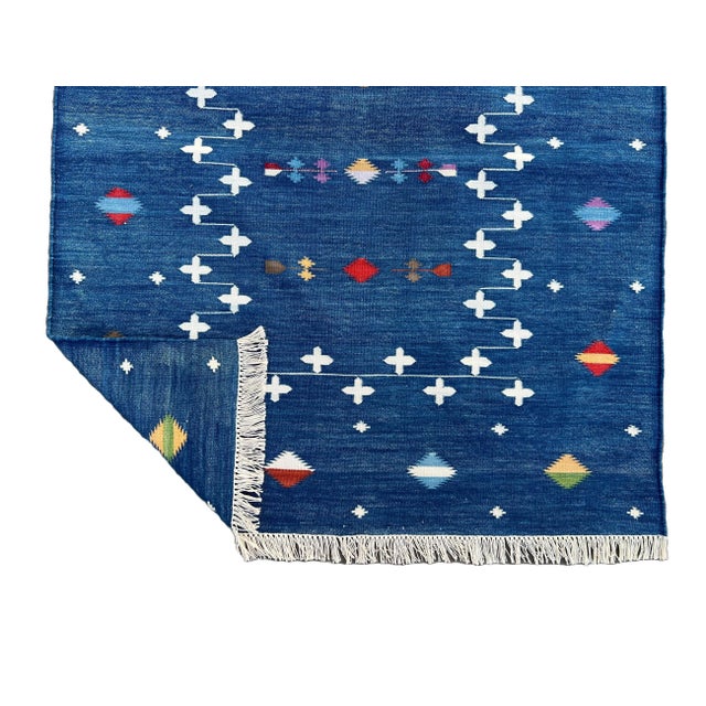 Casa Cosima Handmade Cotton Denim Blue Shooting Star Runner Rug, Vegetable Dyed Dhurrie Runner -2.5'x8' For Sale - Image 4 of 10