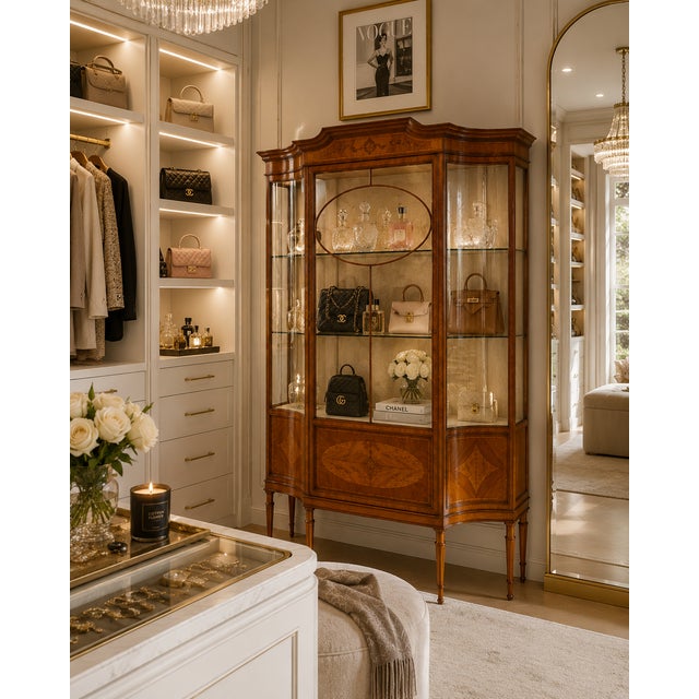 A beautiful quality late Victorian satinwood display cabinet of elegant serpentine form. Raised on slender turned tapering...