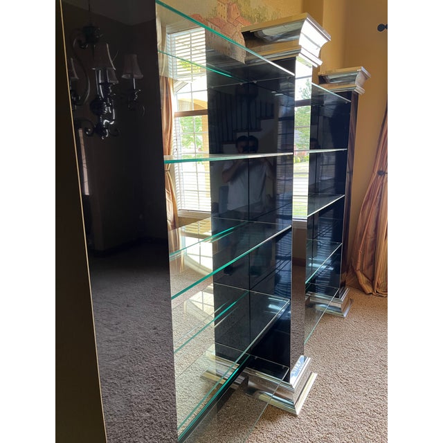 Monumental Black and Chrome Mirrored Glass Bookcase or Display Wall Unit For Sale - Image 11 of 12