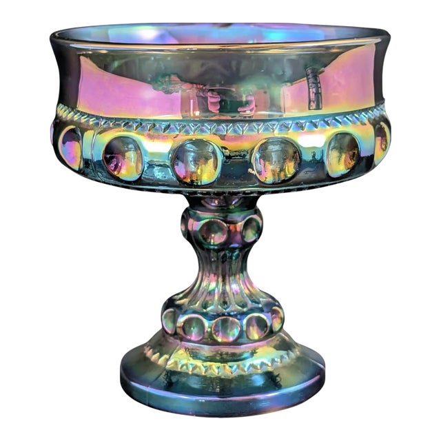 Carnival Glass Candy Dish King's Crown Blue 5.25" Stemmed Bowl Indiana Glass For Sale