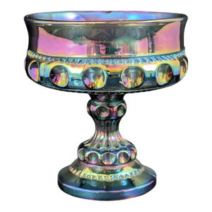 Carnival Glass Candy Dish King's Crown Blue 5.25" Stemmed Bowl Indiana Glass