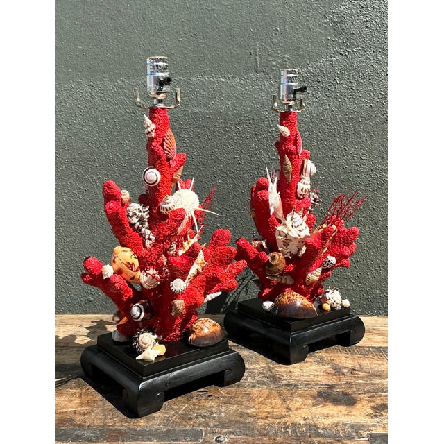 Late 20th Century Vintage Shell Encrusted Faux Coral Lamps - A Pair For Sale - Image 5 of 12