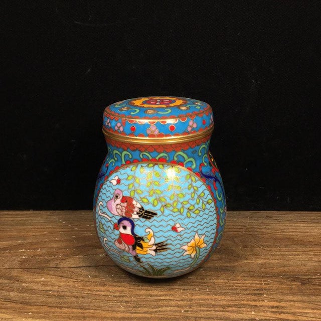 Chinese Vintage Chinese Cloisonné Enamel Cricket Jar With Mandarin Ducks and Lotus Motif For Sale - Image 3 of 9
