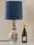 Antique french delft-revival polychrome faience table lamp with a new slate-blue velvet shade, richly hand-painted, newly...