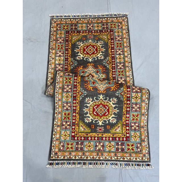 Charcoal Gray and Blue Chobi Wool Runner Rug With Tribal Medallions, 2'9" X 6'5" For Sale - Image 11 of 16