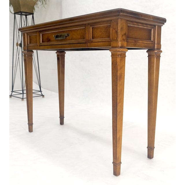 Very Fine Burl Wood Compact One Drawer Tapered Legs 36" Wide Console Table MINT For Sale - Image 17 of 17