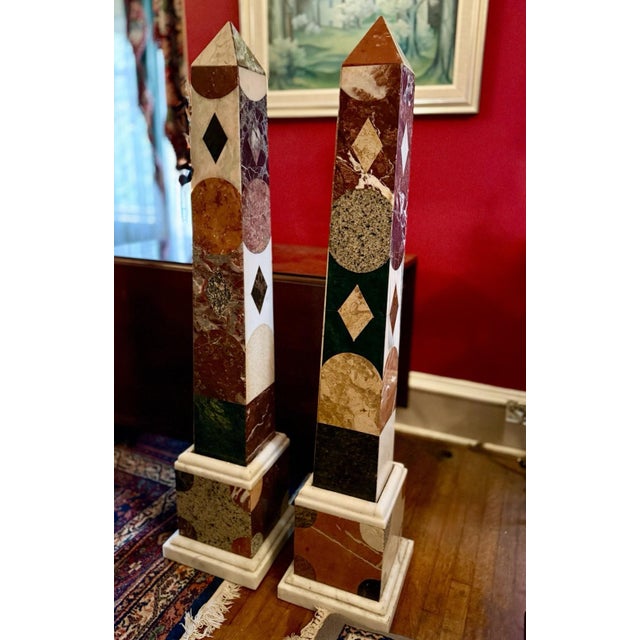 Get your Roman Empire vibe on with this monumental pair of Grand Tour style Italian specimen marble obelisks in good...