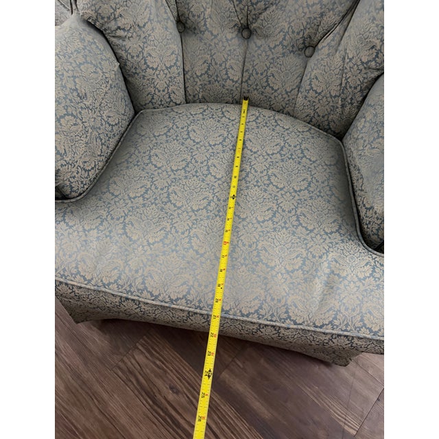 Vintage Mid-Century Tufted Damask Skirted Club Chairs - Attributed to Ethan Allen (A Pair) For Sale - Image 12 of 12