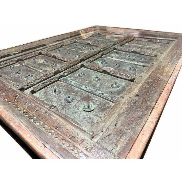 Antique 19th-Century Indian Teak Door & Iron Studded Coffee Table With Glass Top For Sale - Image 10 of 10