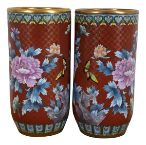Early 20th Century Chinese Cloisonne Cylindrical Chrysanthemum Butterfly Mantel Vases Urns- Set of 2