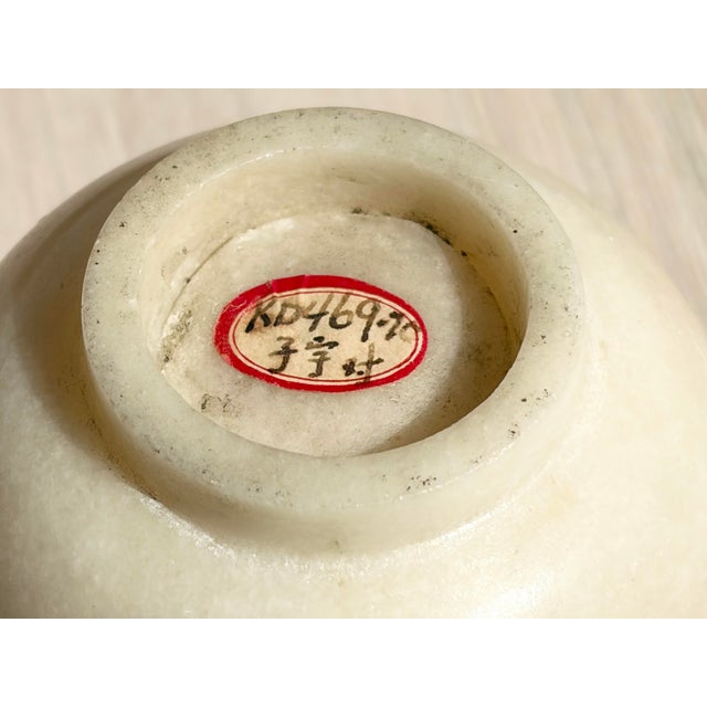 Stone Antique Chinese Qing Carved Faux Mutton Fat White Jade Bowl W/Stand Read On For Sale - Image 7 of 9