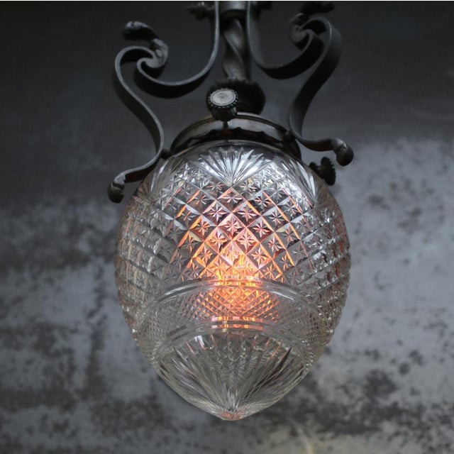 Industrial Art Nouveau Brass, Iron, and Clear Cut Glass Flush Mount For Sale - Image 3 of 12