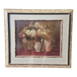 1990s Large Ethan Allen Custom Distressed Framed Art Floral Serenity Bouquets