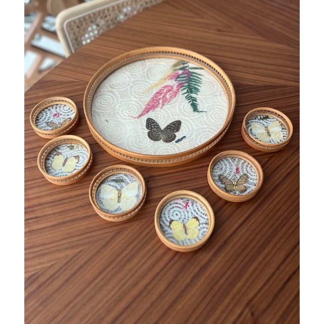 Mid-Century Modern 1960s Bamboo Pressed Butterfly Cocktail Tray and Coaster Set-7 Pieces For Sale - Image 3 of 9