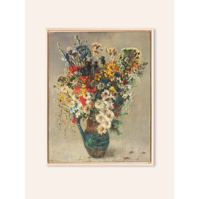 Detailed presentation of a flower still life from the 1930s with poppy seeds, margins and butterflowers. Oil on plate...