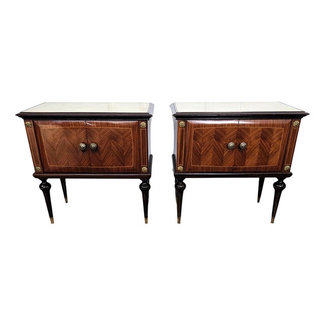 Mid-Century Art Deco Italian Walnut Nightstands with Glass Top, 1950s, Set of 2 For Sale